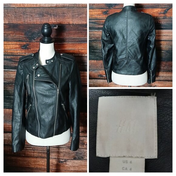 H&M Moto Jacket Size 4 Black Motorcycle Zipper Vegan Faux Leather Biker - Picture 1 of 12